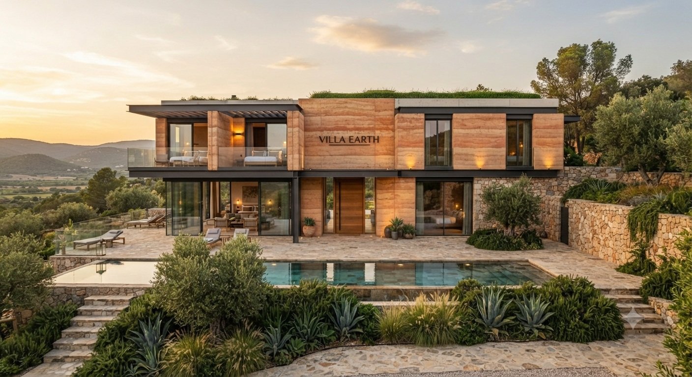 Contemporary rammed-earth Earth Villa with pool and landscaped hillside
