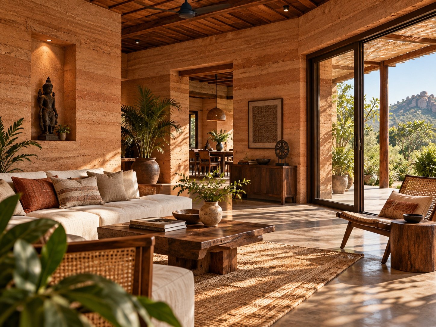 Sunlit contemporary rammed-earth interior with natural materials and indoor-outdoor connection