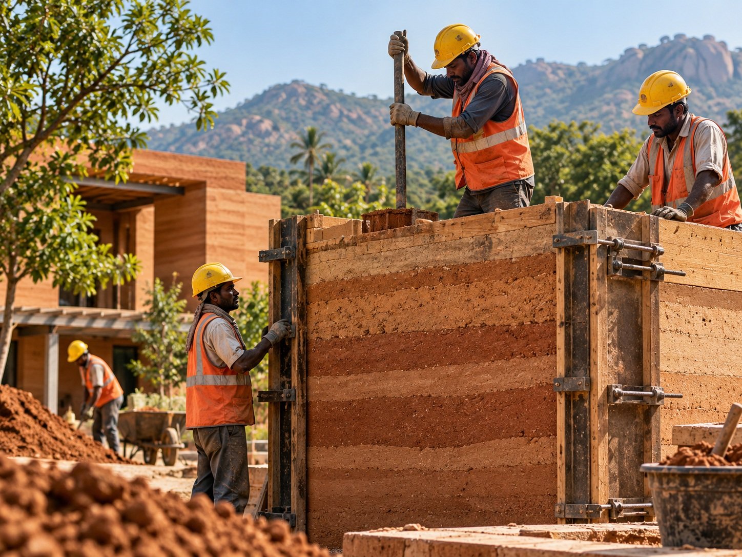 Indian construction workers compacting a rammed-earth wall on site