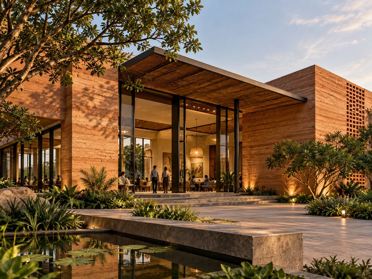 Contemporary Indian rammed-earth cultural centre with courtyard and landscape
