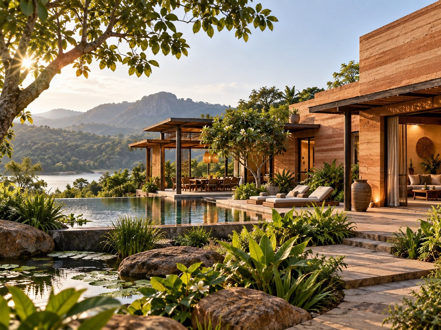 Rammed-earth eco resort in a lush Indian mountain landscape