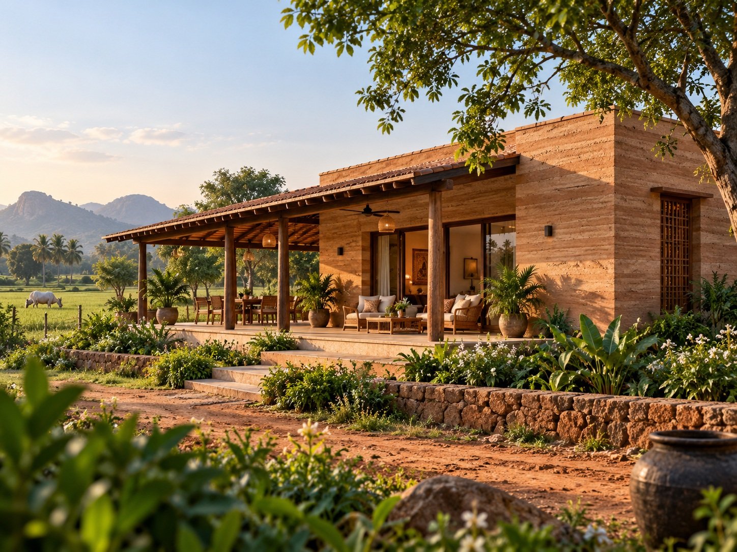 Indian rammed-earth farmhouse with veranda and rural landscape