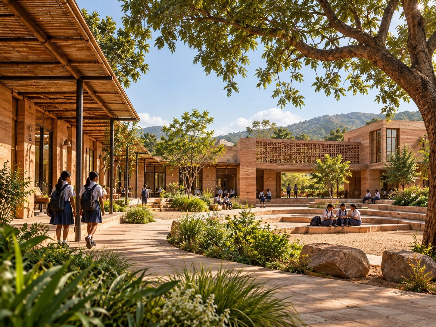 Indian earth-built learning campus with students and landscaped courtyard