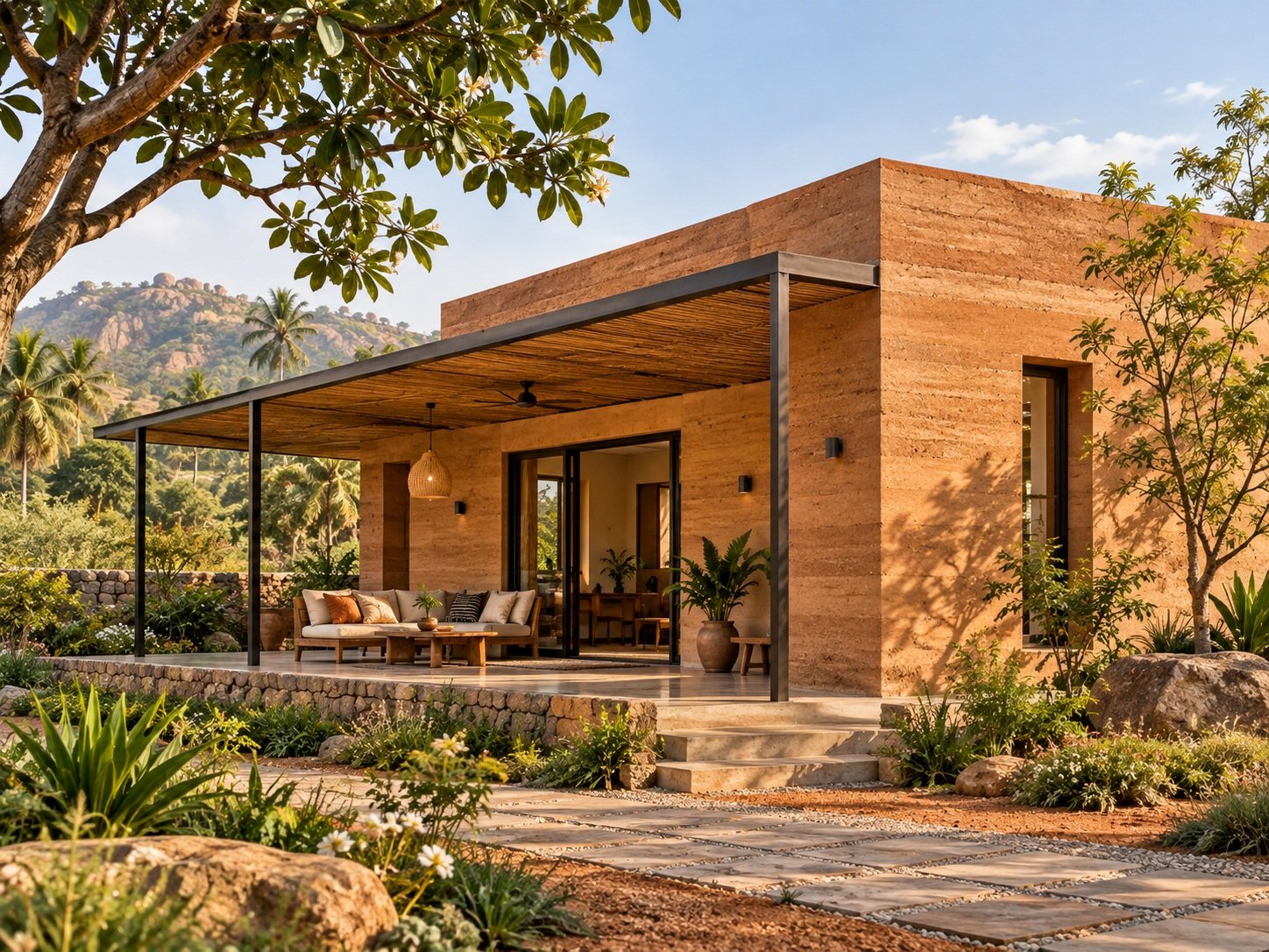Contemporary rammed-earth mud house in an Indian landscape