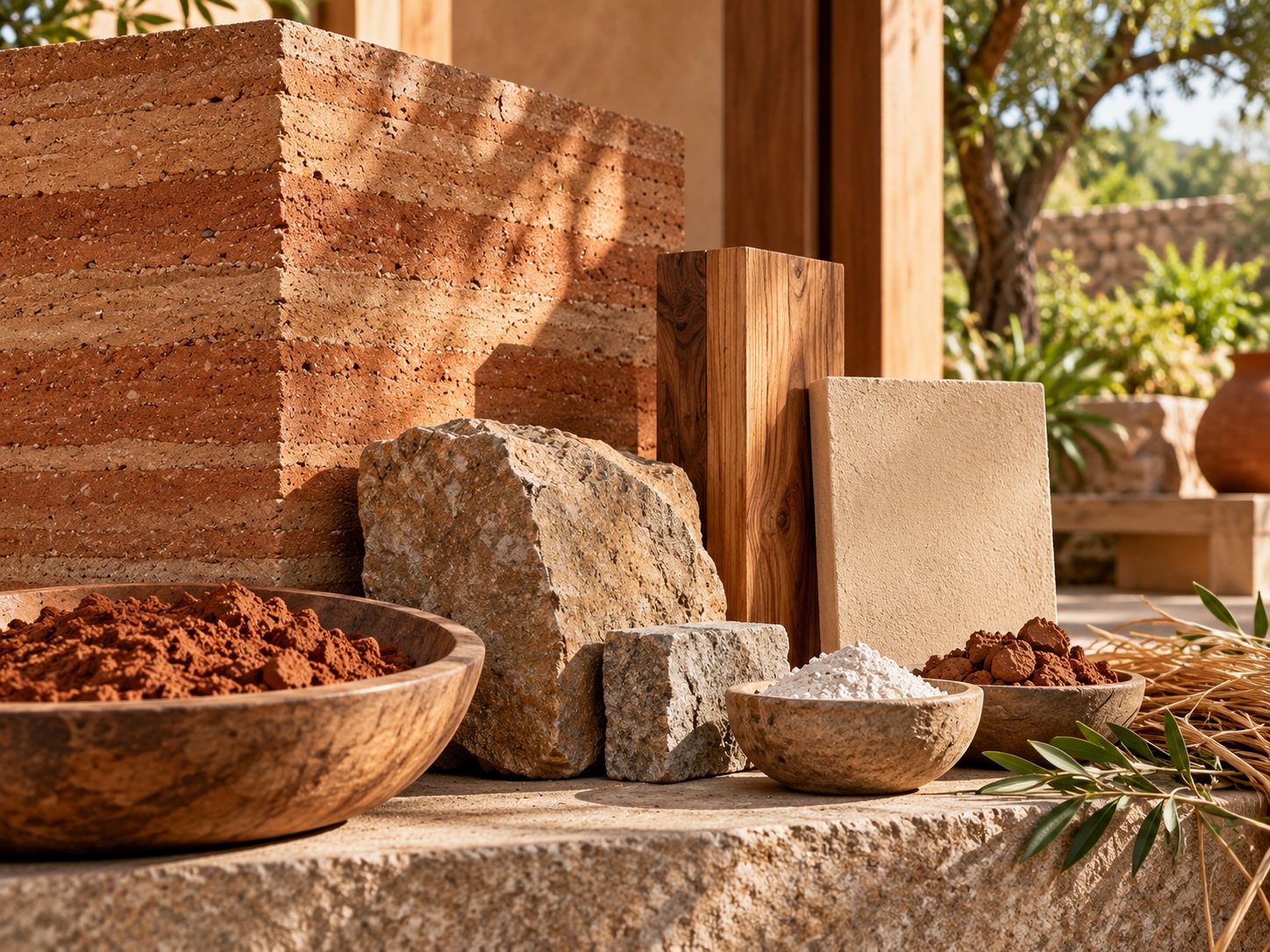 Indian natural building material palette with rammed earth, stone, timber and lime
