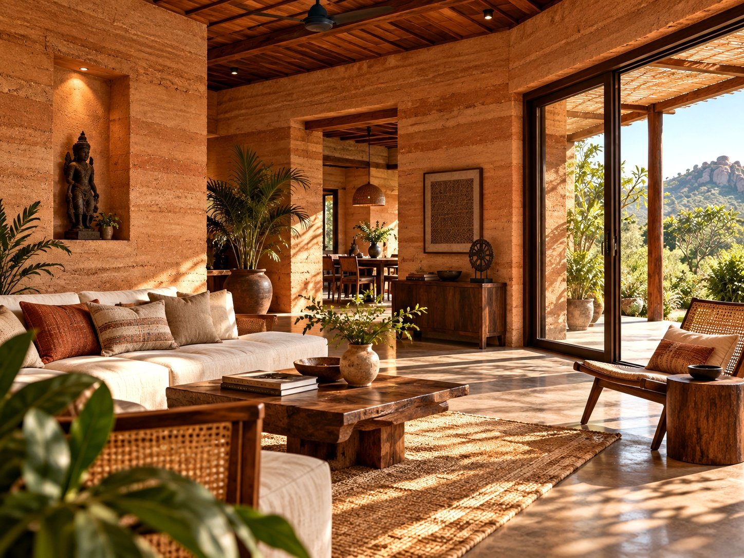 Bright contemporary Indian rammed-earth interior with natural materials and landscape views